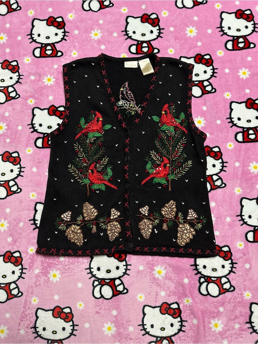 Bobbie Brooks Black Embroidered Cardinal & Pinecone Vest